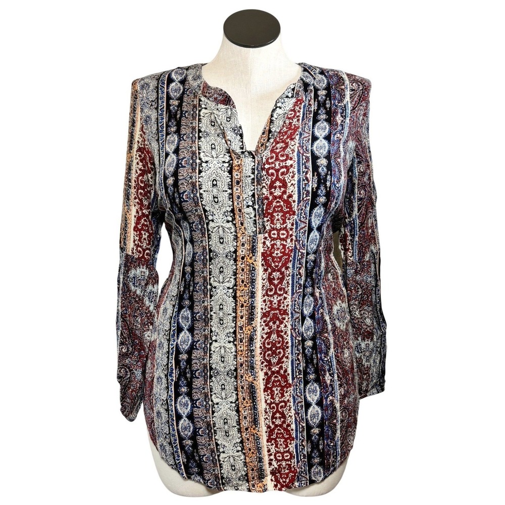 Umgee Womens Boho Paisley Mixed Print Split Neck Tunic Top Small Burgundy‎ Navy